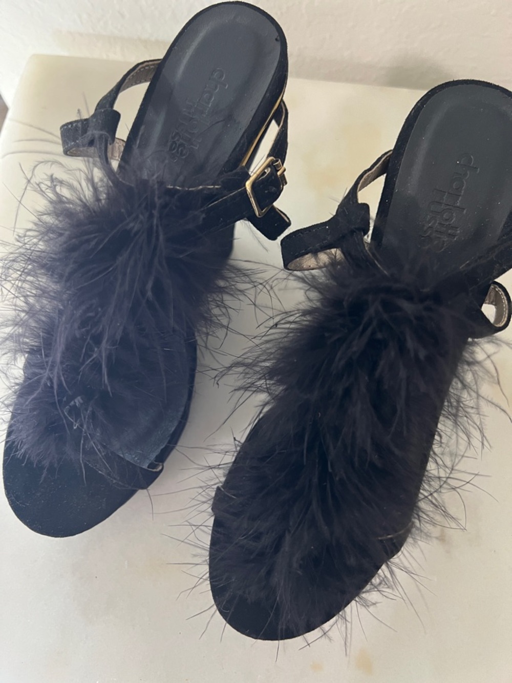 Charlotte Russe Black Feathered Slingback Heels with Gold Buckle